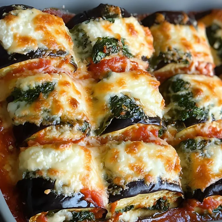 Eggplant lasagna rolls with ricotta, spinach and mozzarella