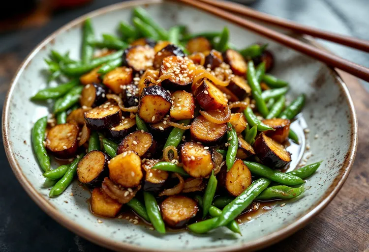 Miso eggplant with green beans and onions