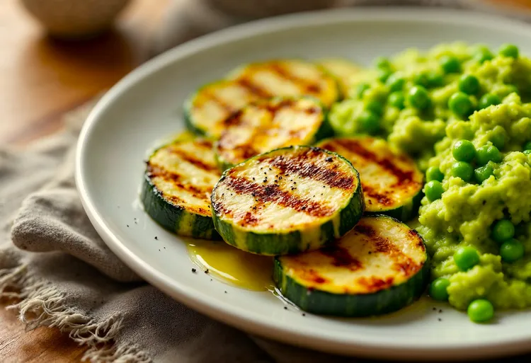 Smashed peas with chargrilled zucchini and lemon