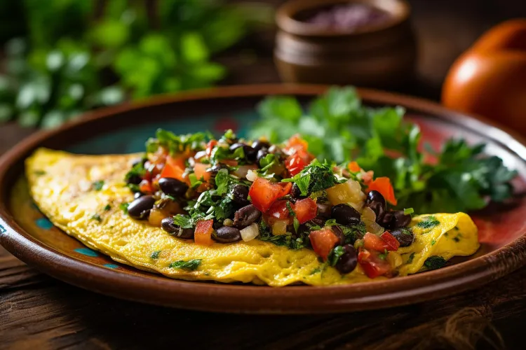 Black bean omelet with tomato and coriander