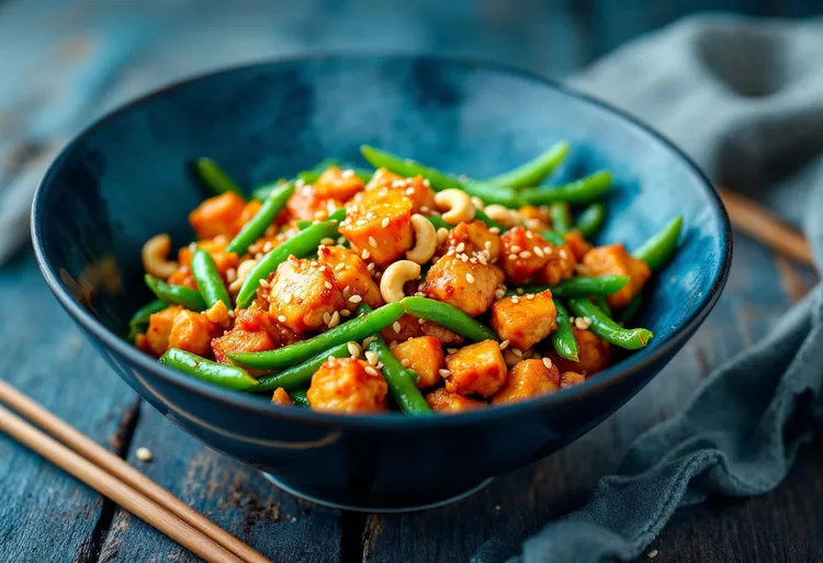 Spicy stir-fried chicken with beans and cashews