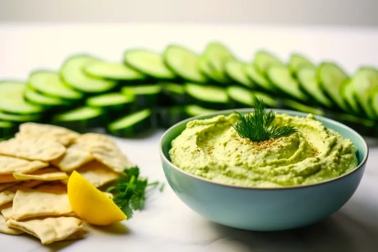Spinach feta and dill hummus with cucumbers