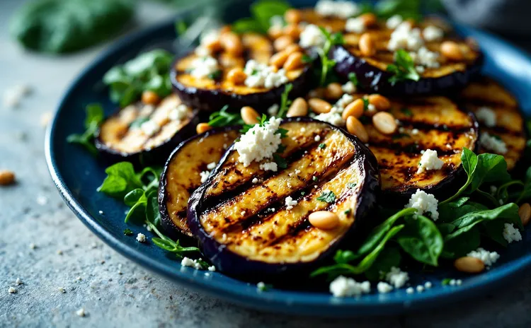 Grilled eggplant spinach salad with feta and pine nuts