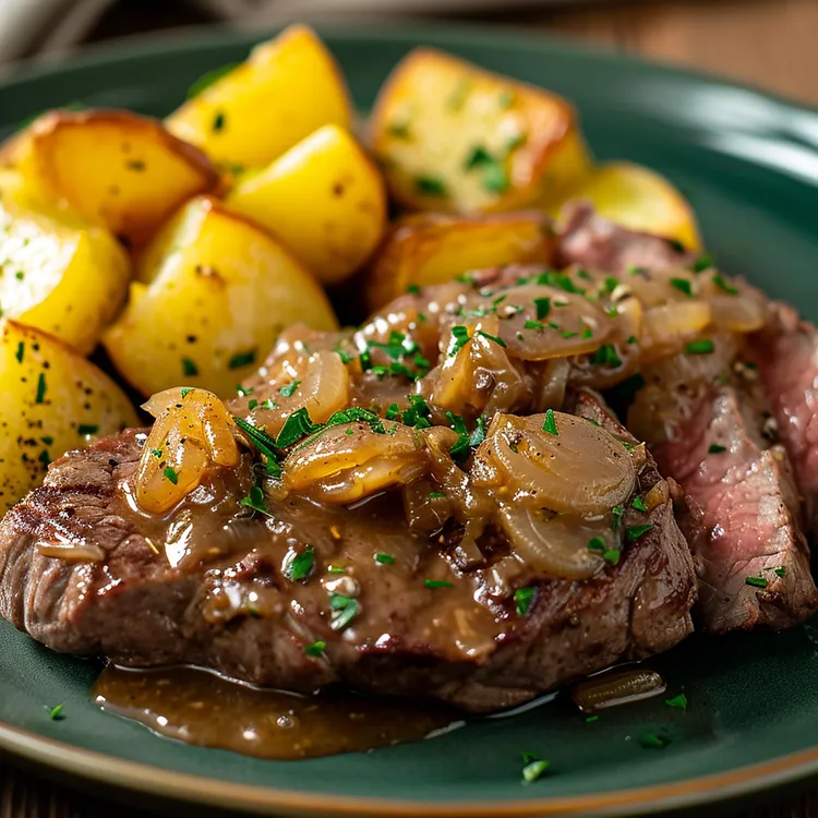 Steak with crispy potatoes & onion salsa