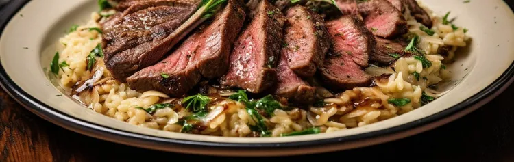 Strips of beef with green curry risotto