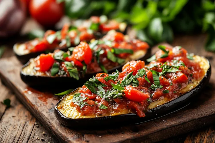 Stuffed eggplant with tomatoes and garlic