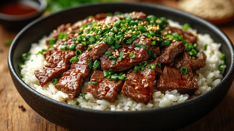 Teriyaki beef, sticky rice and cucumber