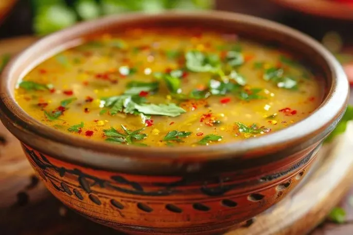 Vegan samosa soup with potatoes, chickpeas and spices
