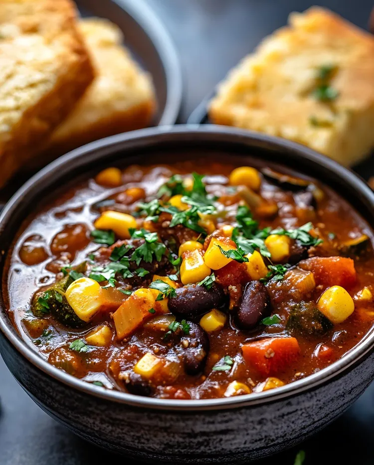 Vegetarian chili with potatoes, tomatoes, corn and beans