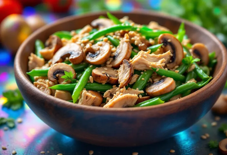 Warm chicken, green bean and mushroom salad