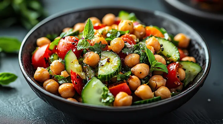 Warm chickpea salad with garlic and mediterranean flavors