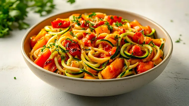 Zucchini pasta with carrots, tomatoes and garlic