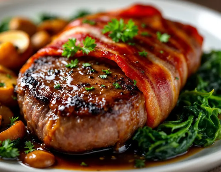 Bacon-wrapped beef with garlic mushrooms