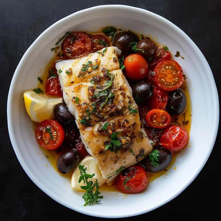 Baked fish with tomatoes, olives and capers