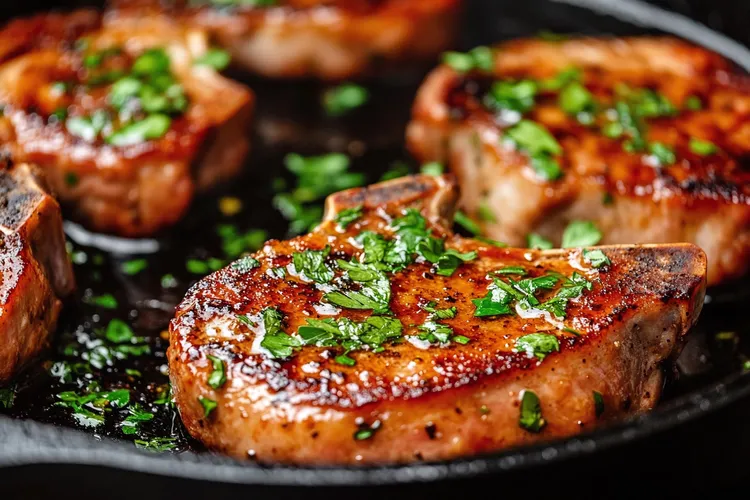 Herb-crusted baked pork chops with white wine sauce