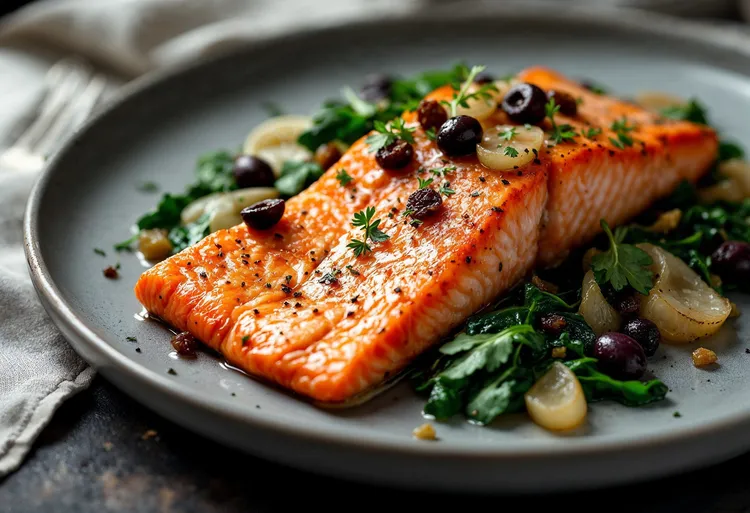 Balsamic-glazed salmon with spinach, olives and golden raisins
