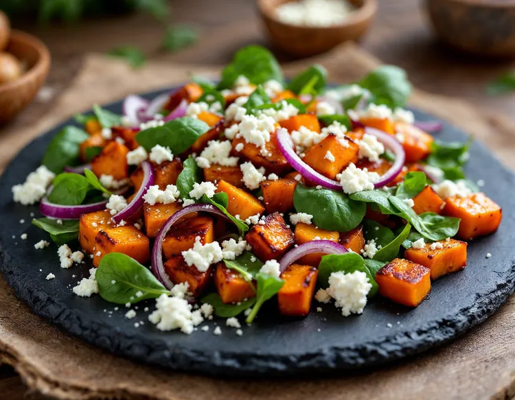 Barbecued pumpkin, red onion and spinach salad