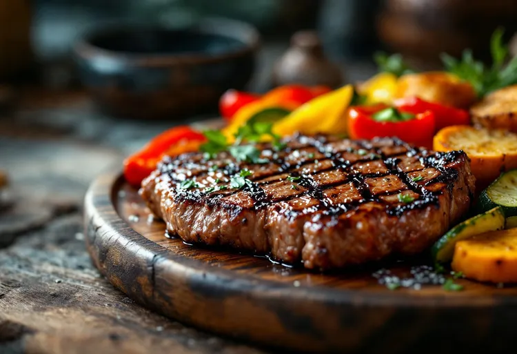 Barbecued steak and vegetables
