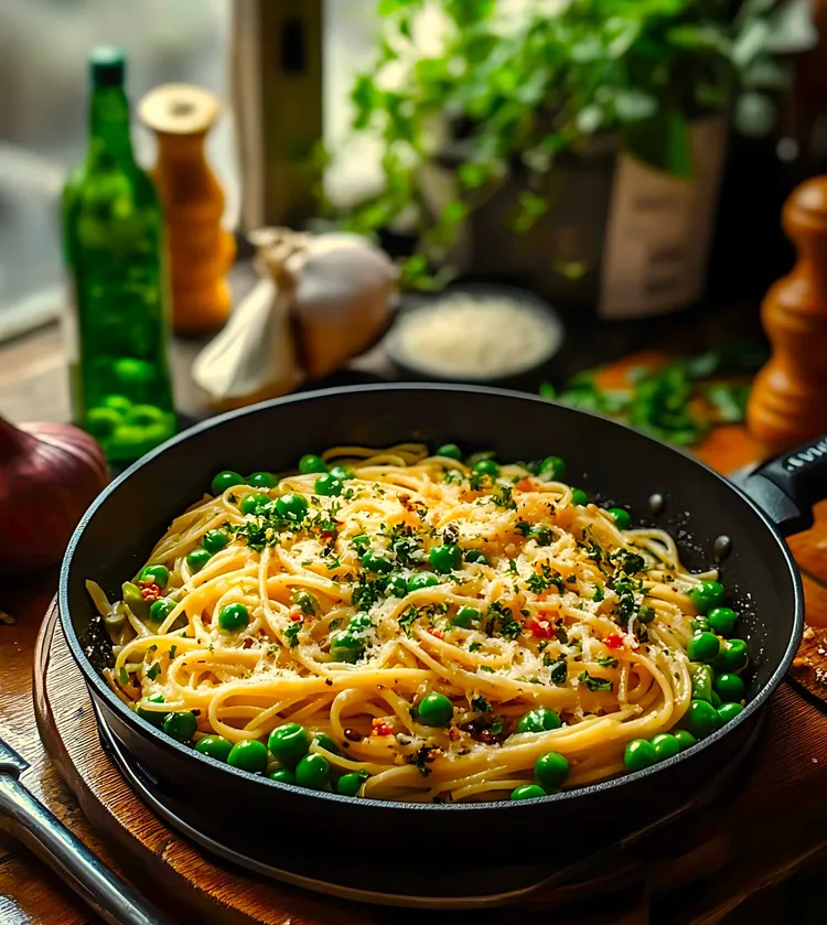 Buckwheat pasta with caramelised onion and peas