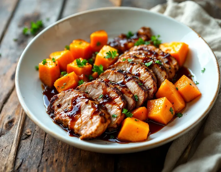 Caramelised balsamic pork with pumpkin