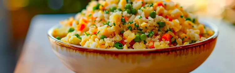 Cauliflower fried rice with peas, carrots and onions