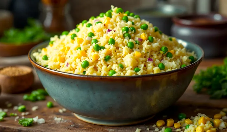 Cauliflower fried rice with peas and corn