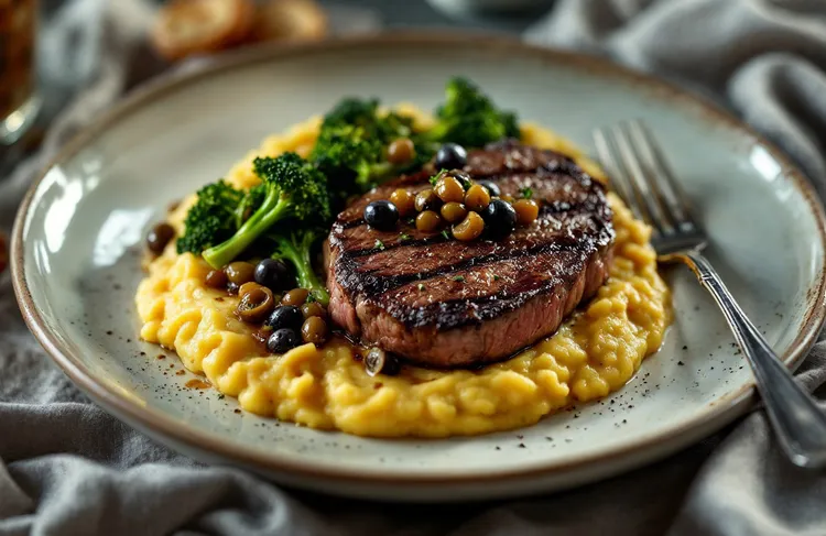 Chargrilled beef with polenta and olive salsa