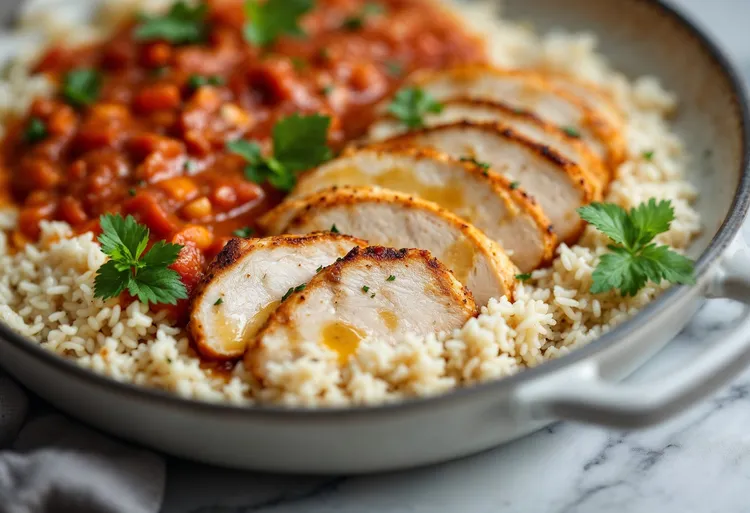Chargrilled chicken fillets on red rice