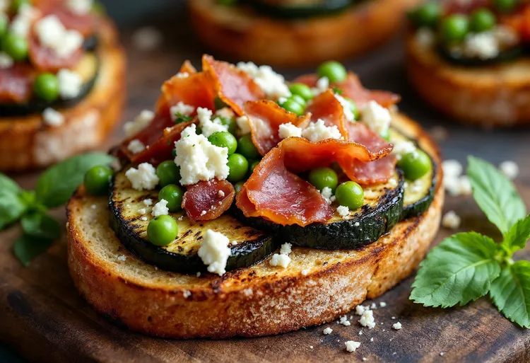 Chargrilled zucchini, marinated feta & spring pea bruschetta