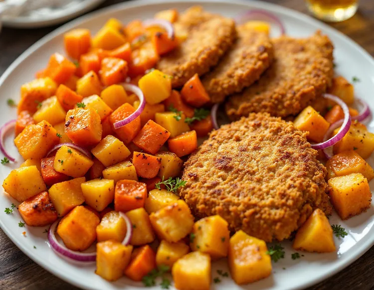 Chicken schnitzel with roasted winter vegetables