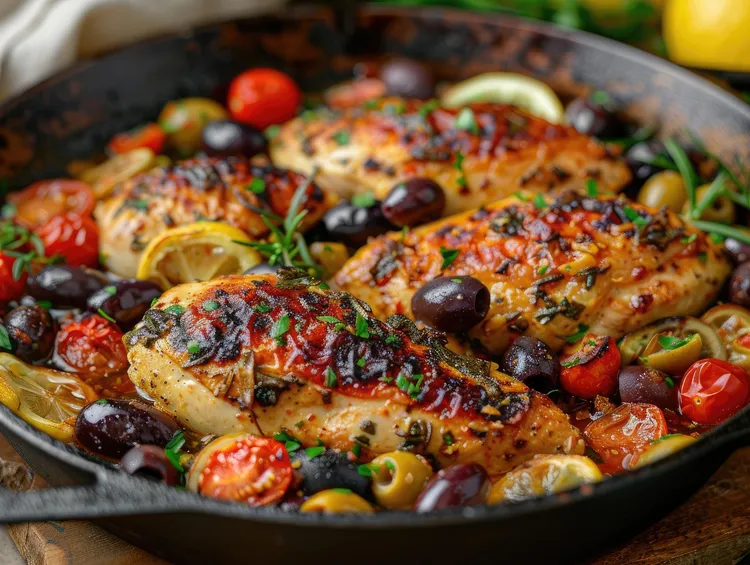 Chicken with cherry tomatoes, olives and capers