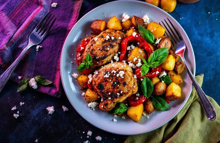 Chicken with red capsicum, feta and basil