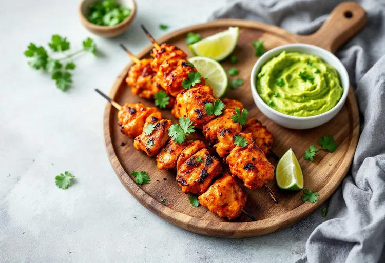 Chilli chicken skewers with avocado cream
