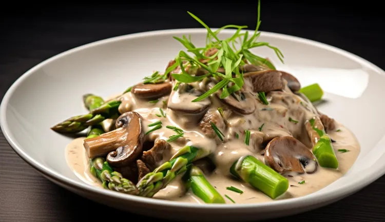 Creamy mushrooms and garlic with asparagus