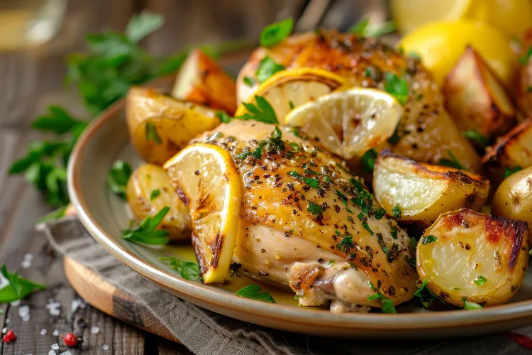 Crispy skin lemon chicken and potatoes
