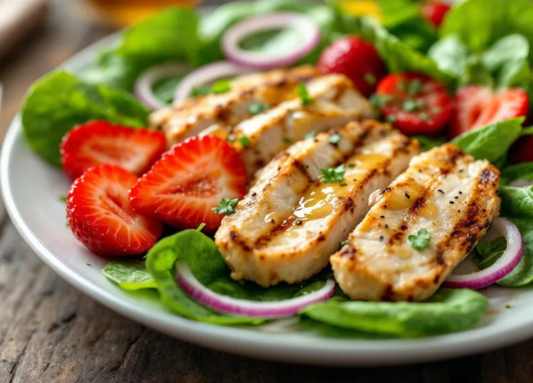 Chicken spinach salad with strawberries and red onion