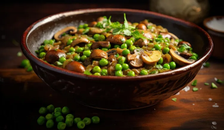 Garlic mushroom and pea sauté with sunflower seeds