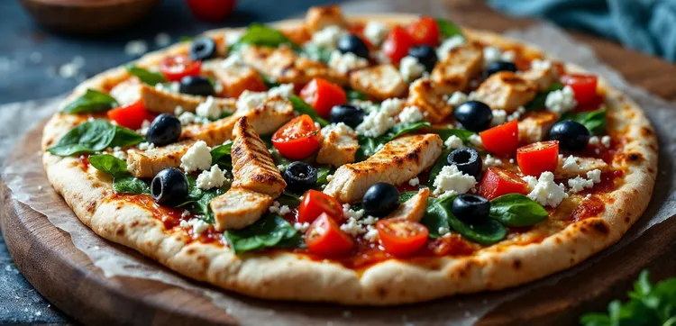 Greek-style pita pizza with chicken, olives and feta cheese