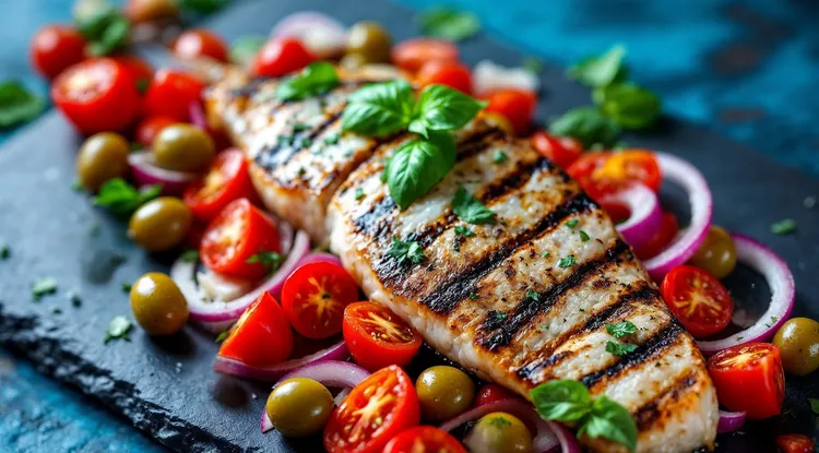 Grilled fish with tomato and olive salad