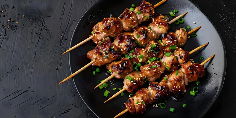 Grilled sesame chicken kebabs with onion, ricotta and spearmint