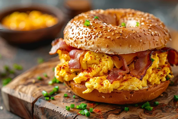 Herb scrambled eggs and prosciutto bagels