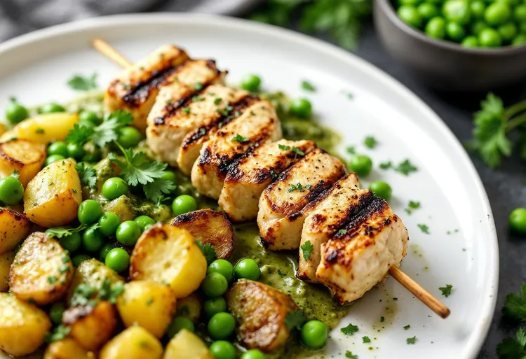 Herbed chicken skewers with pea pesto potato salad