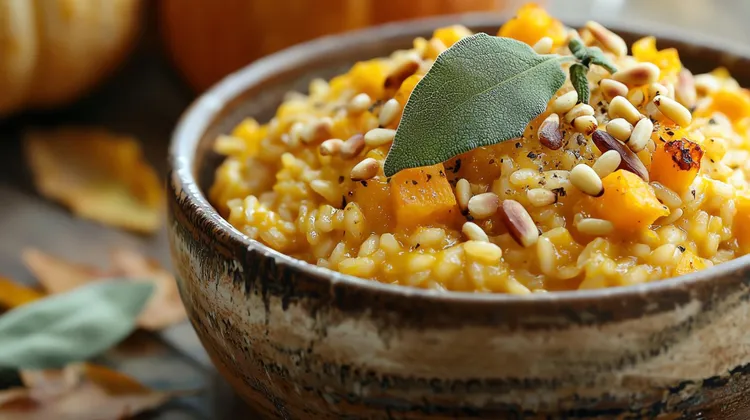 Individual baked pumpkin, feta and leek risottos