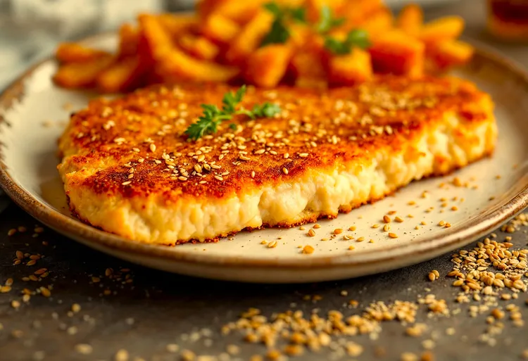 Keto pork schnitzel with flaxseed and sesame seeds