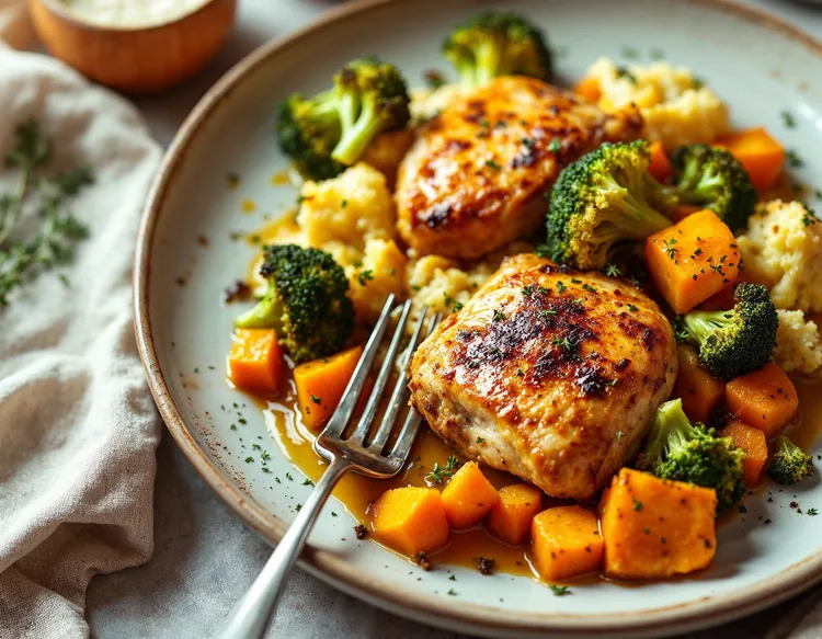 Lemon and garlic roast chicken with pumpkin and cauliflower