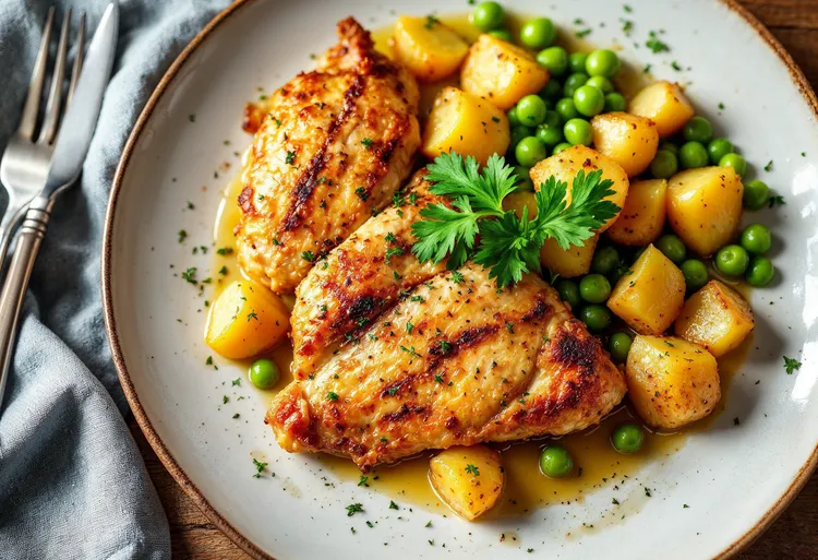Lemon chicken with potatoes and peas