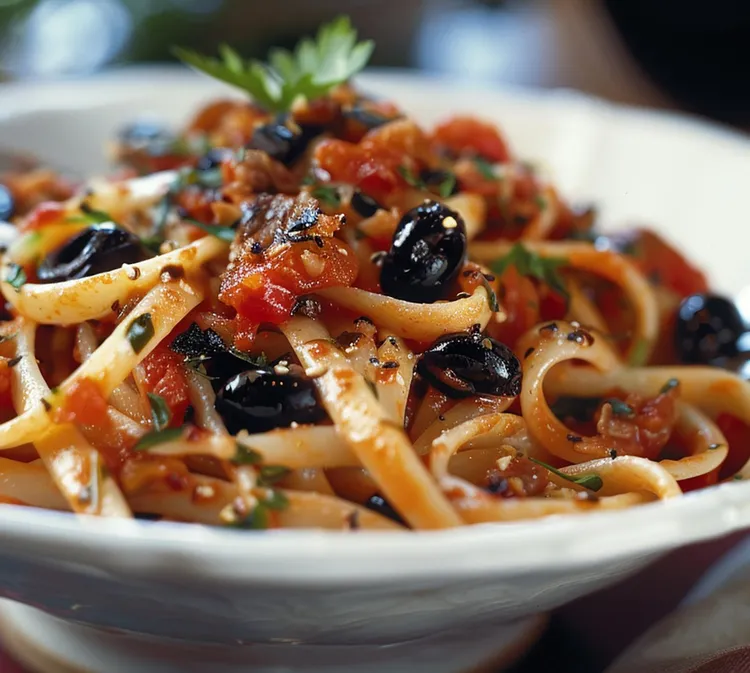 Linguine with roasted red peppers and kalamata olives