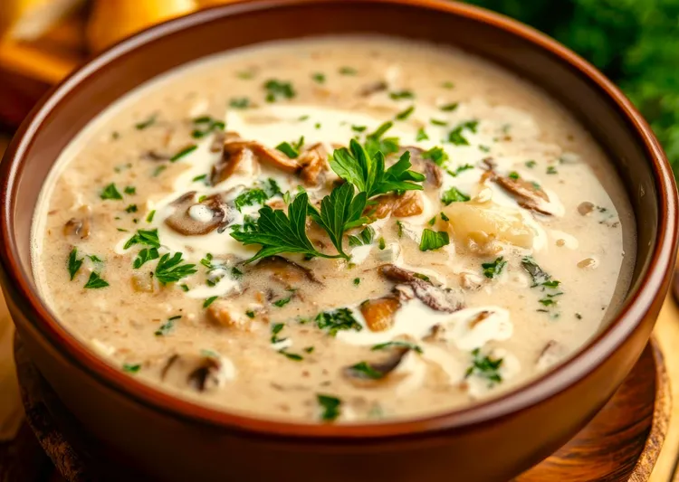 Low-carb  sausage soup with mushrooms and spinach