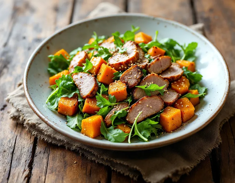 Maple-glazed pork with roast pumpkin salad