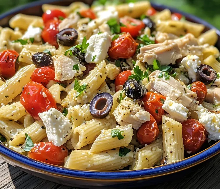 Mediterranean chicken pasta with artichokes, feta and olives